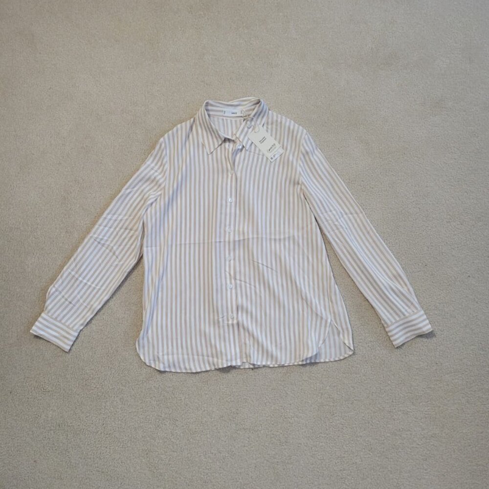 Mango Women's Tan and White Striped Button Up Silky Shirt NWT, Size Small / 4